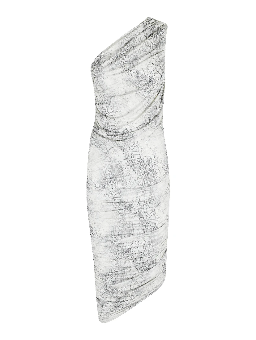 ABITO LUNGO MONOSPALLA DRAPPEGGIATO IN JERSEY STAMPA PITONE