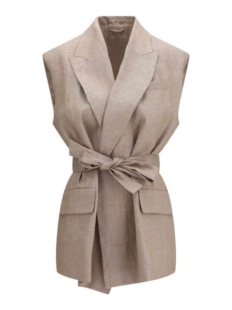 Beige Linen Sleveless Jacket