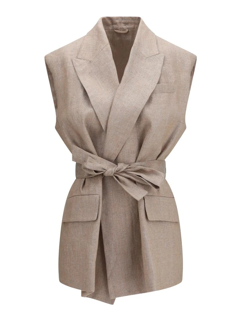 Beige Linen Sleveless Jacket