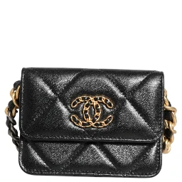 Chanel 19 Flap Coin Purse Quilted Leather Black Crossbody