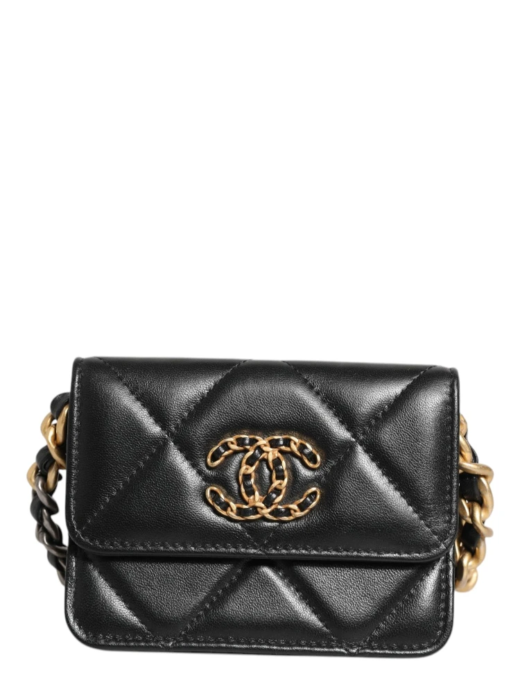 Chanel 19 Flap Coin Purse Quilted Leather Black Crossbody