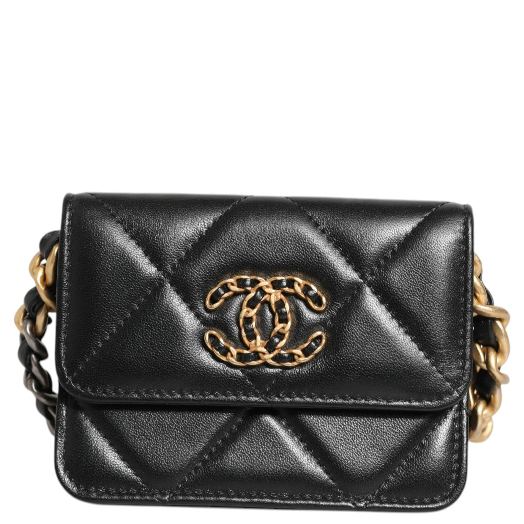 Chanel 19 Flap Coin Purse Quilted Leather Black Crossbody