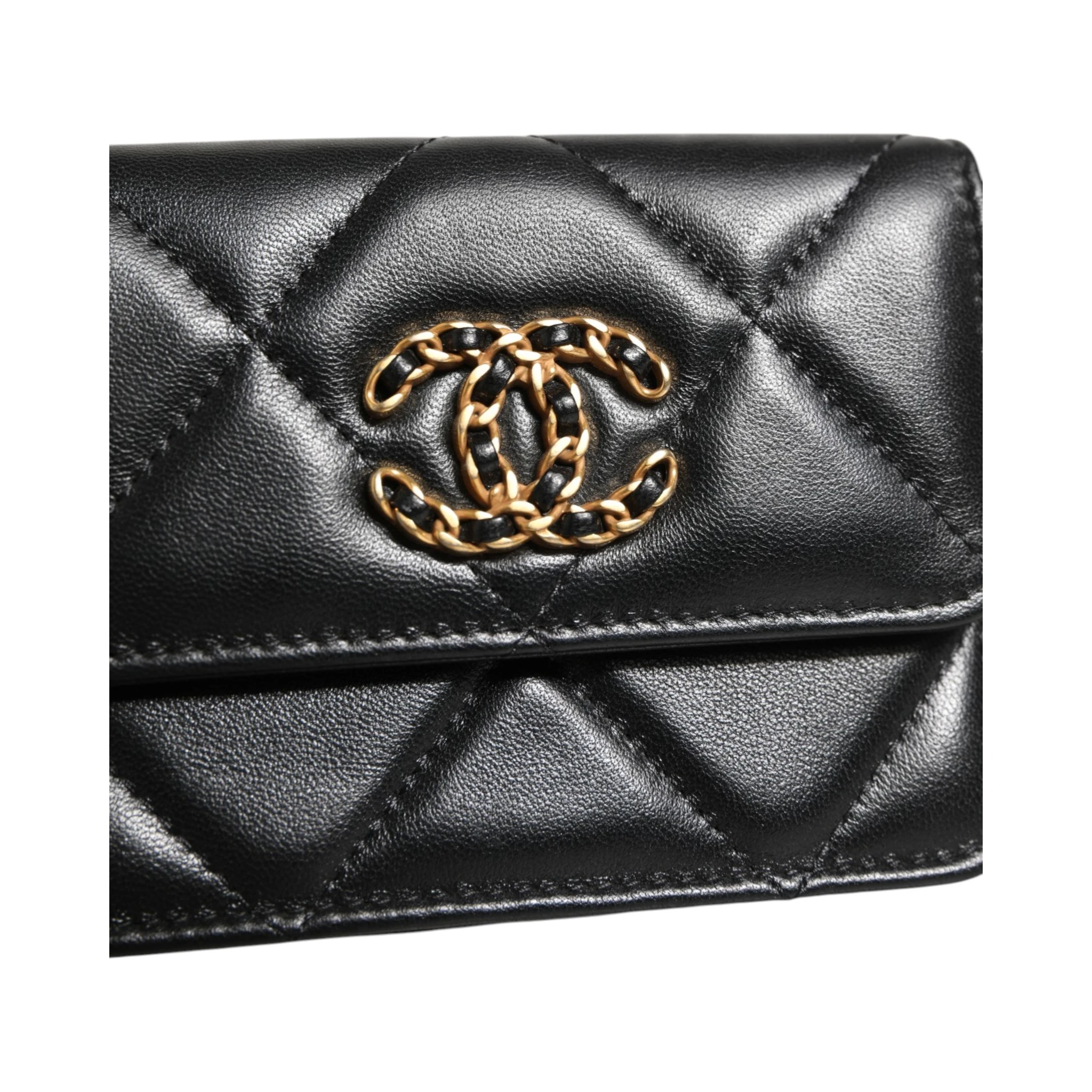 Chanel 19 Flap Coin Purse Quilted Leather Black Crossbody