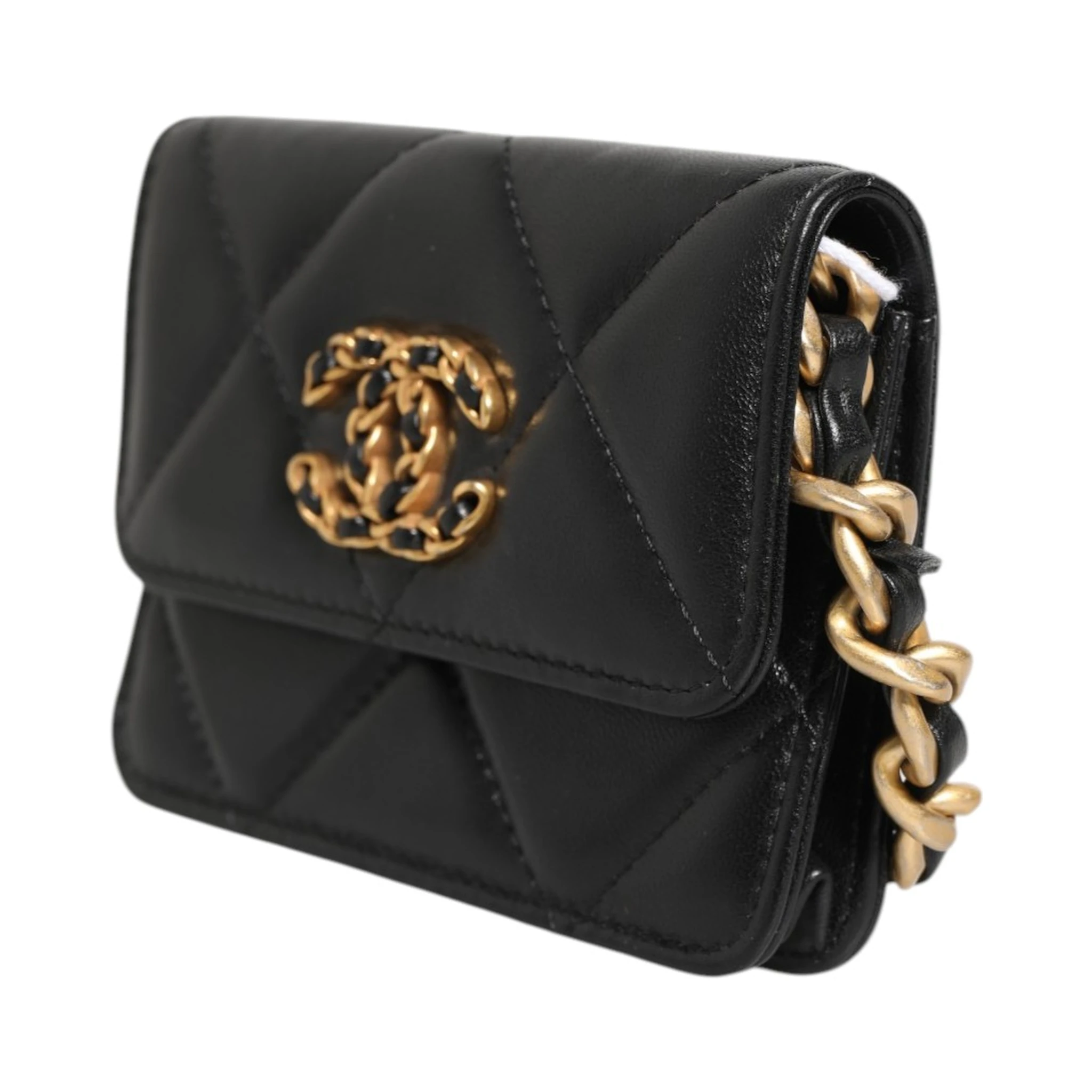 Chanel 19 Flap Coin Purse Quilted Leather Black Crossbody