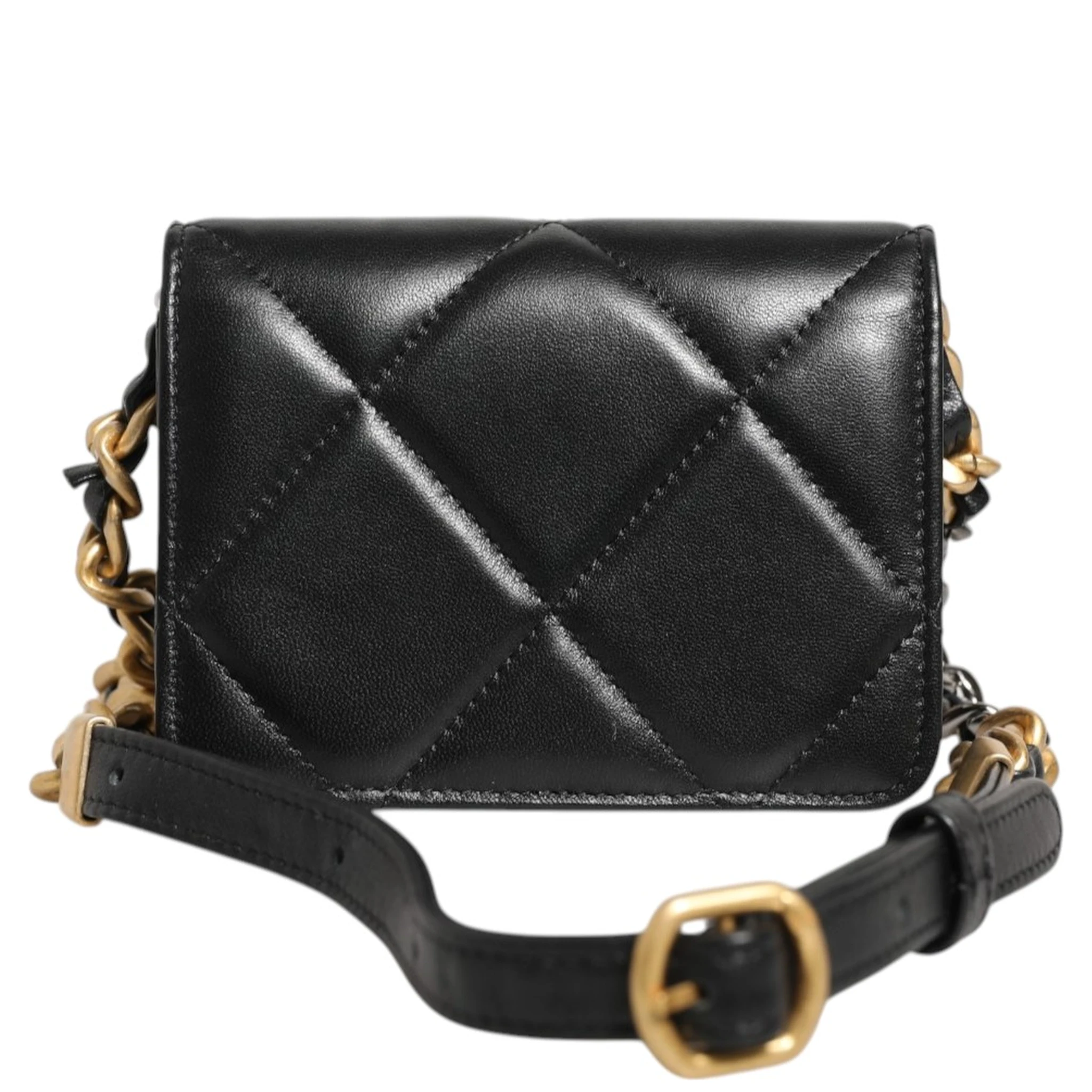 Chanel 19 Flap Coin Purse Quilted Leather Black Crossbody