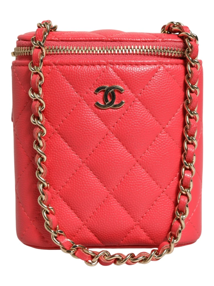 Red Caviar Quilted Small Vertical Coco Beauty Vanity Case with Chain