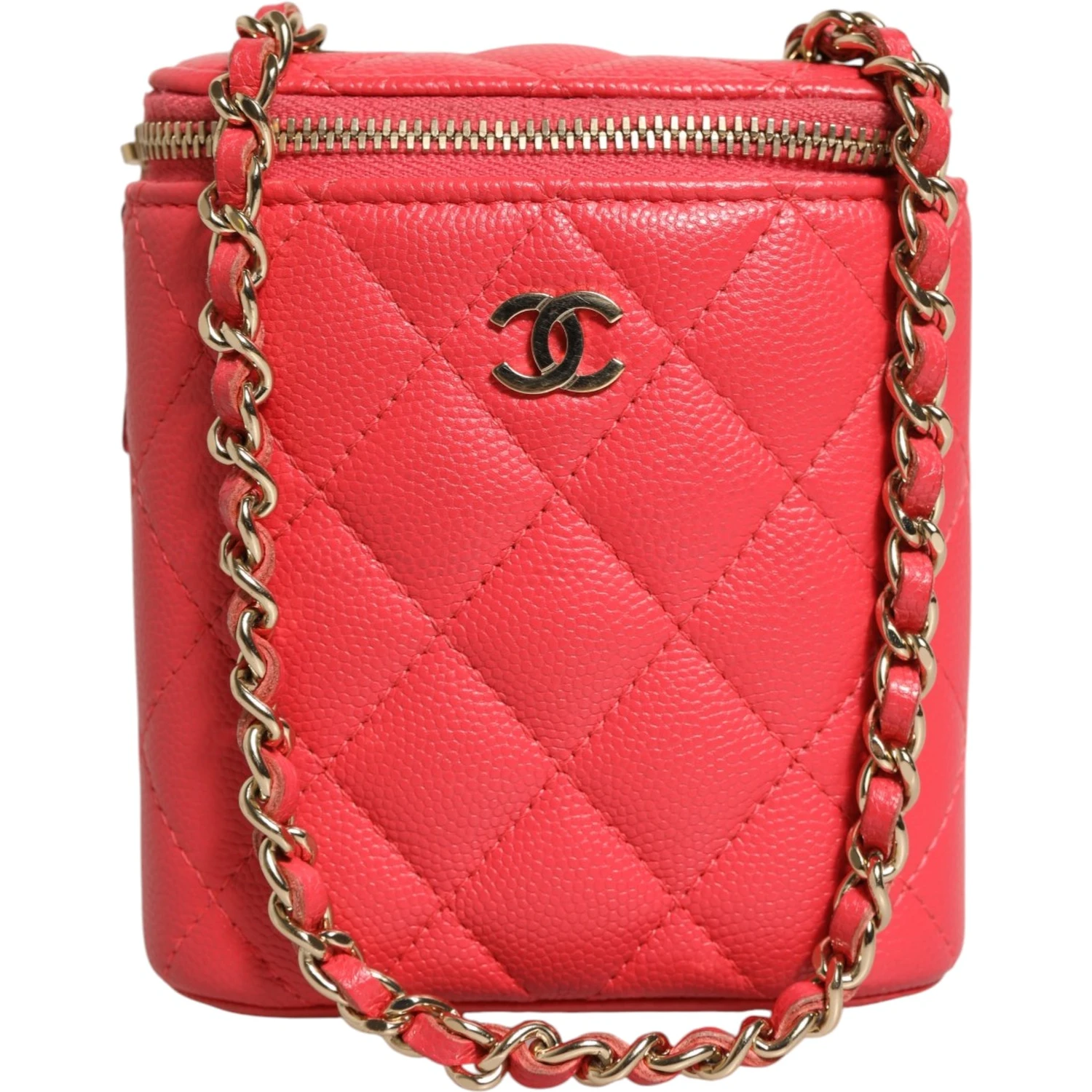 Red Caviar Quilted Small Vertical Coco Beauty Vanity Case with Chain
