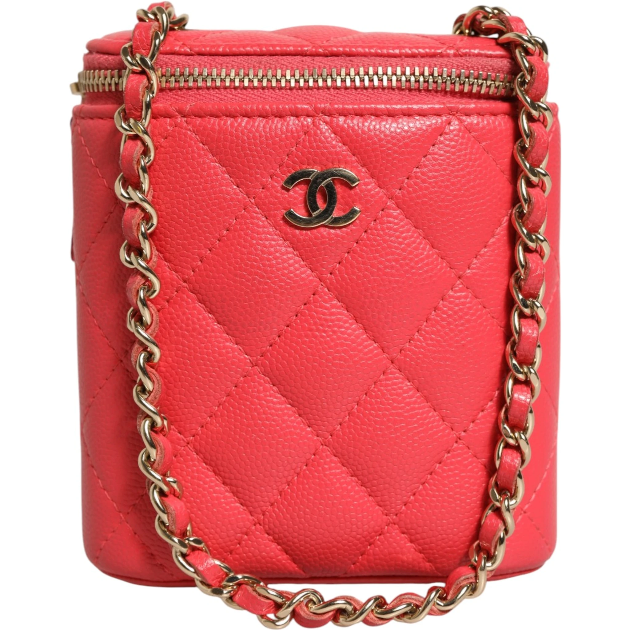 Red Caviar Quilted Small Vertical Coco Beauty Vanity Case with Chain