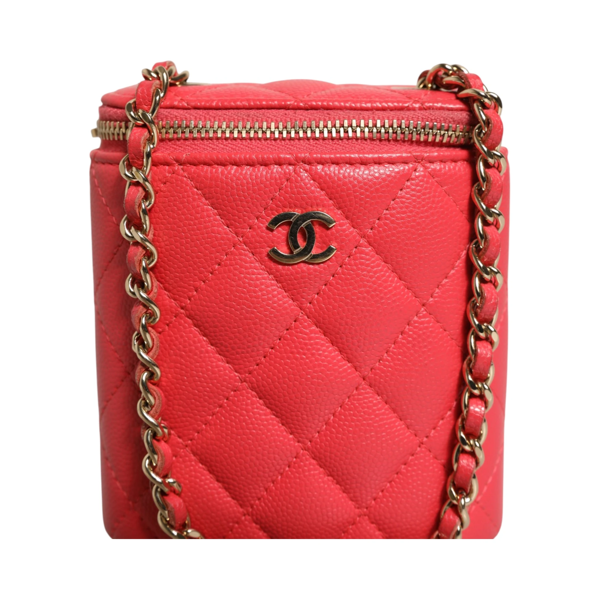 Red Caviar Quilted Small Vertical Coco Beauty Vanity Case with Chain