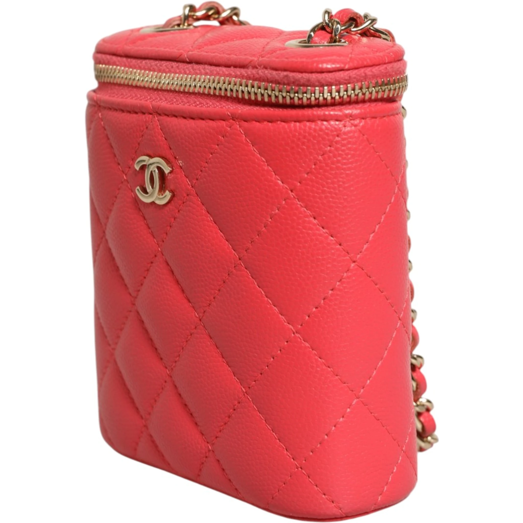 Red Caviar Quilted Small Vertical Coco Beauty Vanity Case with Chain