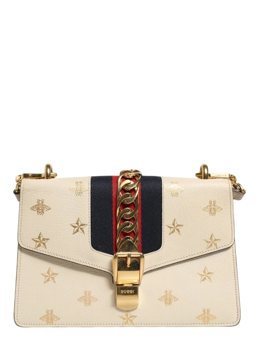 Cream Leather with a Bee and Star Print Leather Sylvie Crossbody Bag