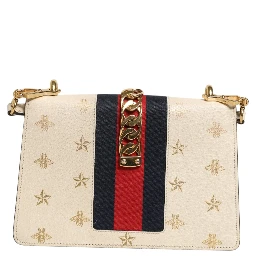 Cream Leather with a Bee and Star Print Leather Sylvie Crossbody Bag
