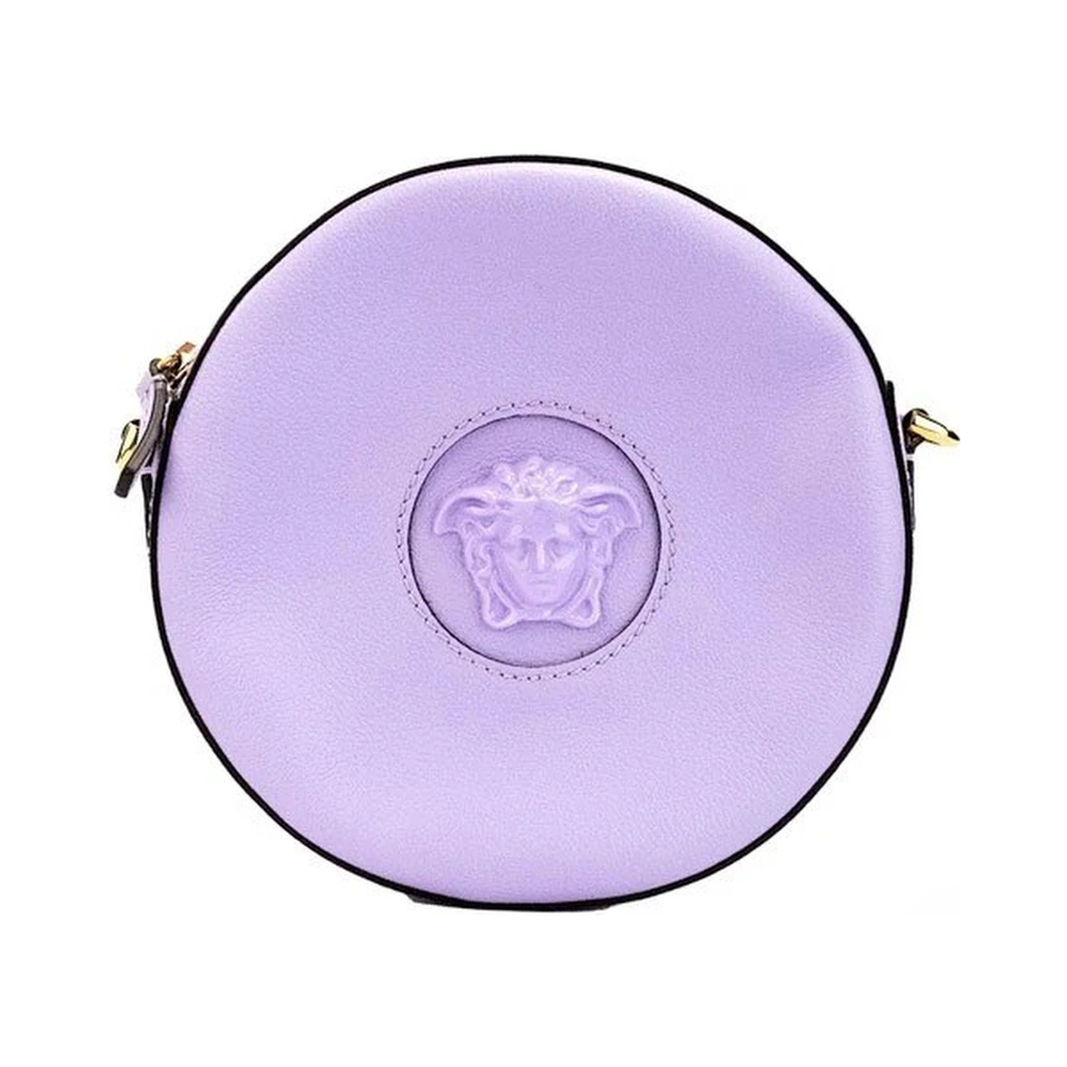 Versace Round Disco Lilac Pebbled Leather Camera Case Crossbody Bag Purse