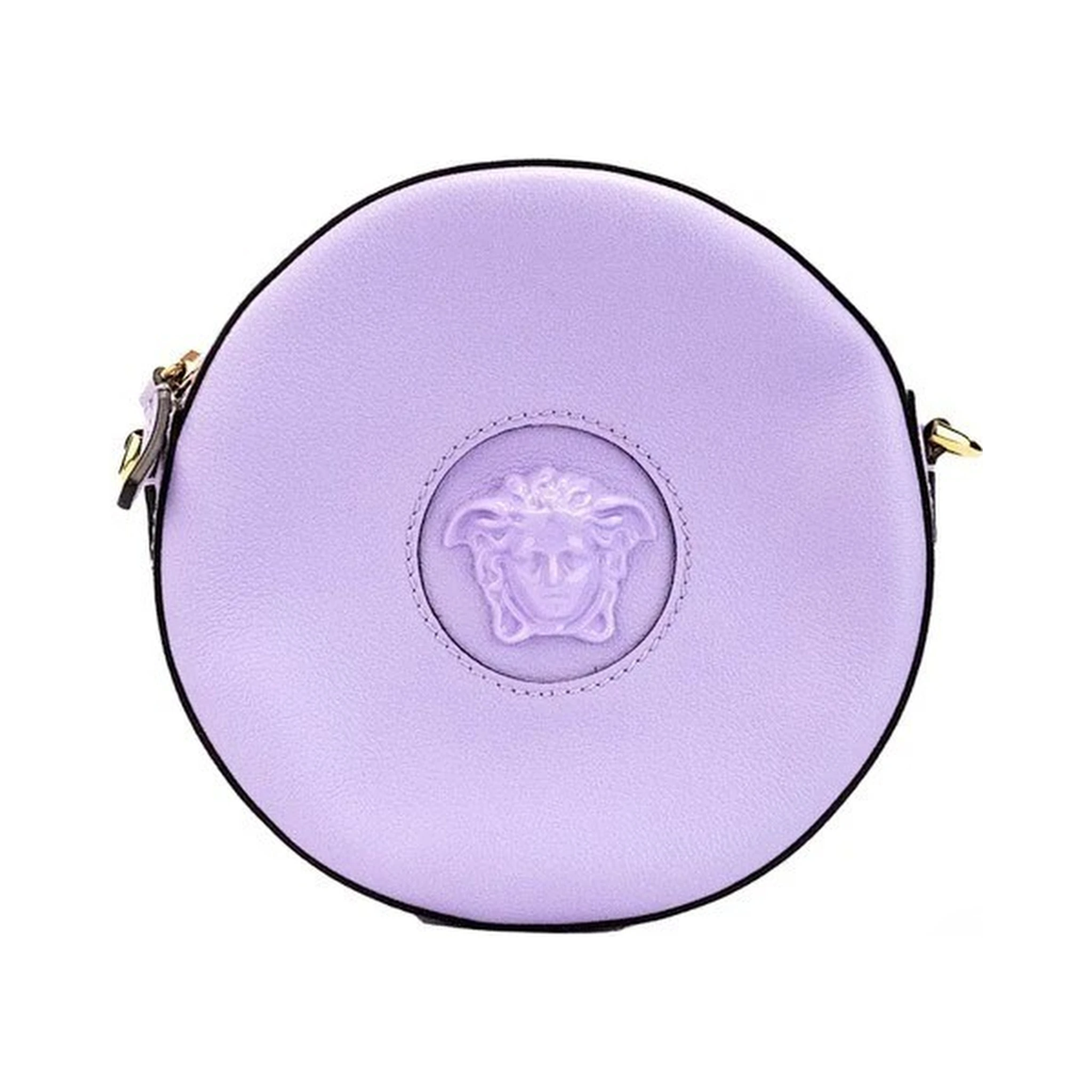 Versace Round Disco Lilac Pebbled Leather Camera Case Crossbody Bag Purse