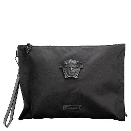 Versace Large Black Nylon Fabric Medusa Convertible Pouch Clutch Wristlet Bag