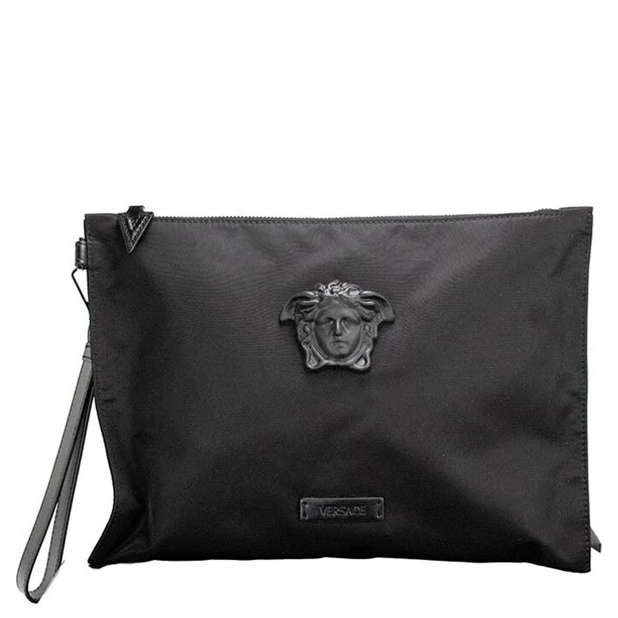 Versace Large Black Nylon Fabric Medusa Convertible Pouch Clutch Wristlet Bag