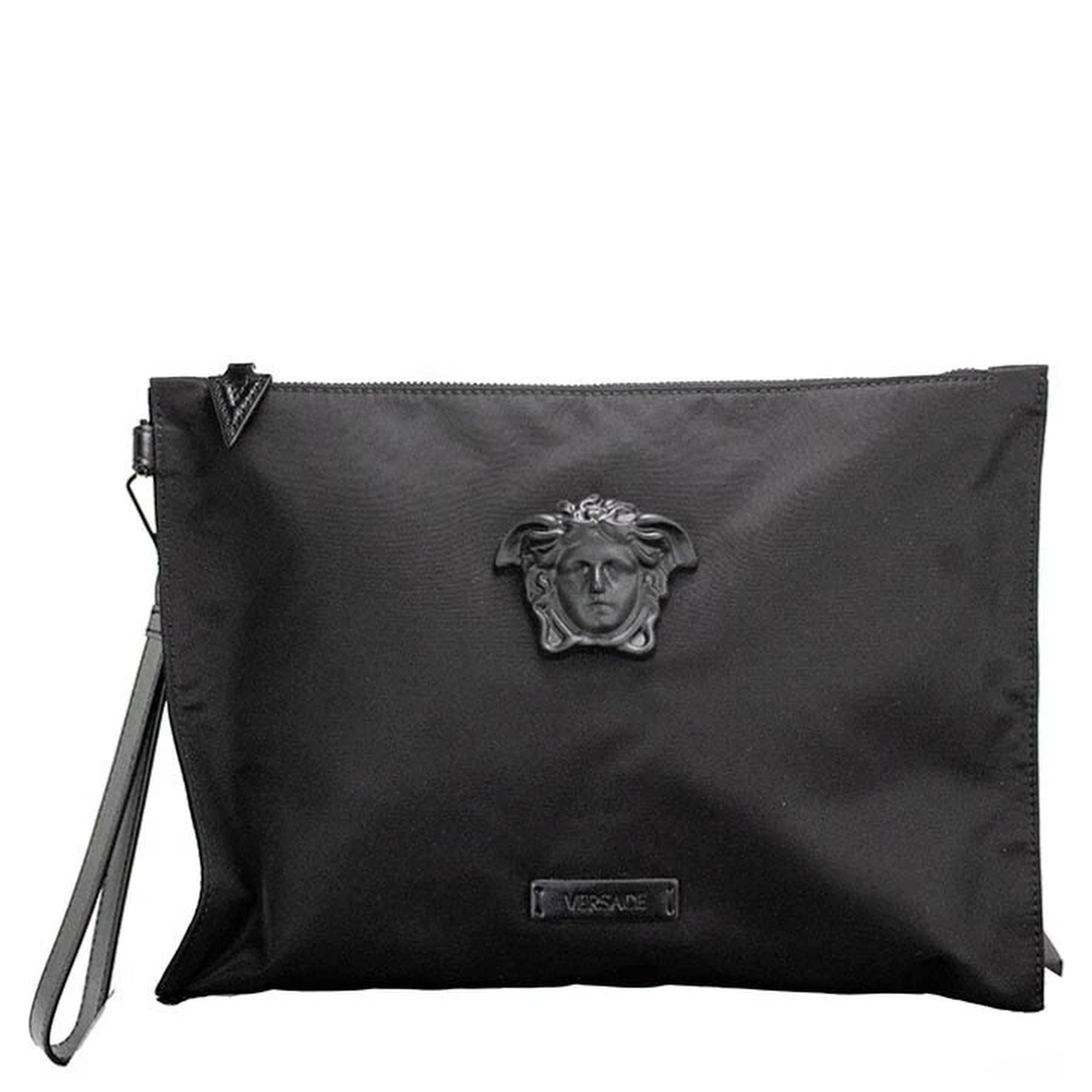 Versace Large Black Nylon Fabric Medusa Convertible Pouch Clutch Wristlet Bag