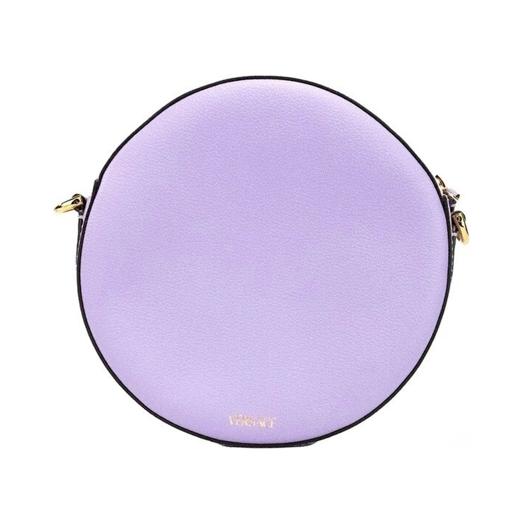 Versace Round Disco Lilac Pebbled Leather Camera Case Crossbody Bag Purse