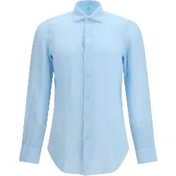 قميص كتان أزرق بأكمام طويلة