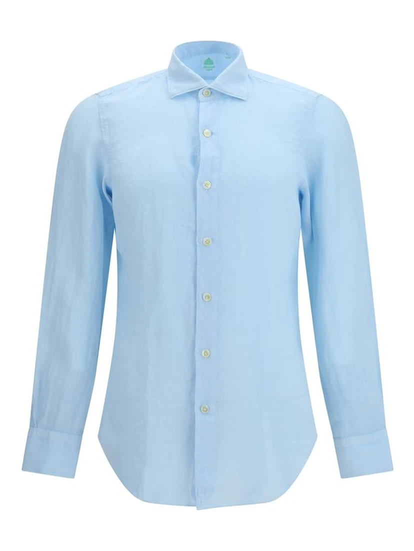 قميص كتان أزرق بأكمام طويلة