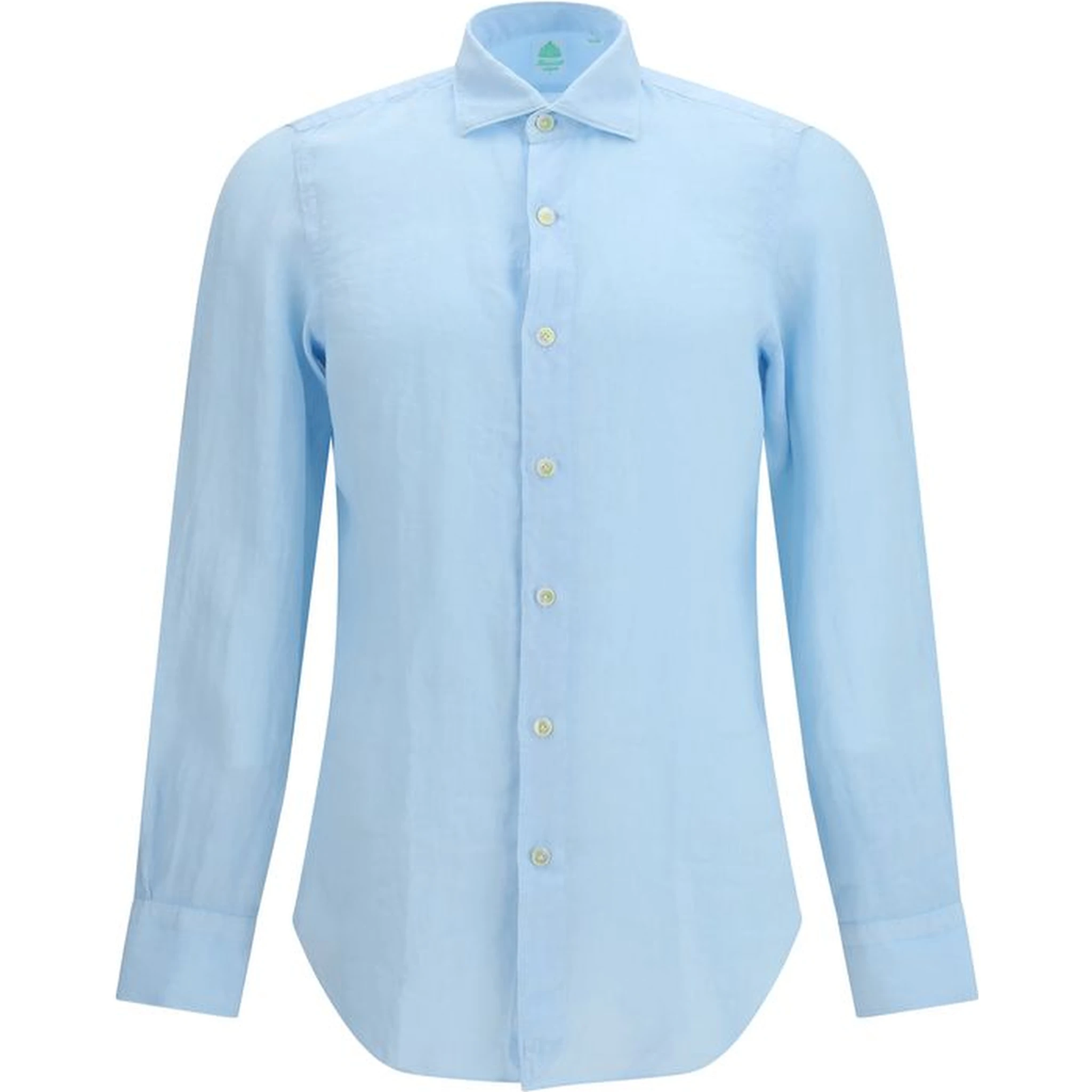 قميص كتان أزرق بأكمام طويلة