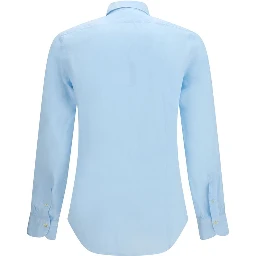 قميص كتان أزرق بأكمام طويلة