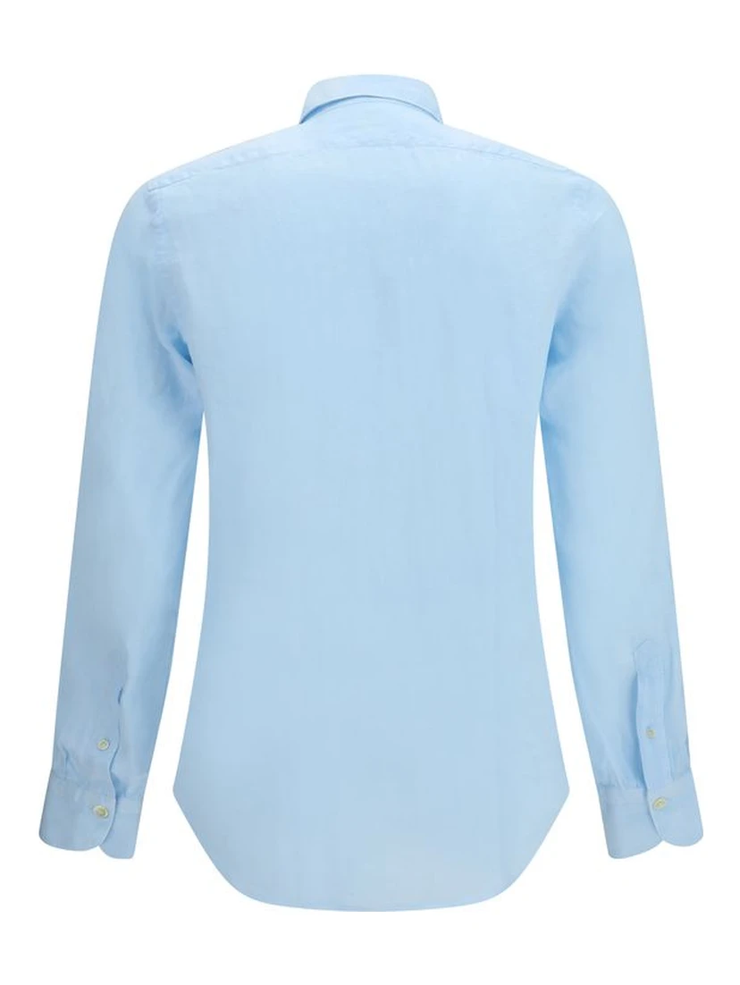 قميص كتان أزرق بأكمام طويلة