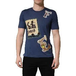 Navy Blue Cotton Graphic Crew Neck T-shirt