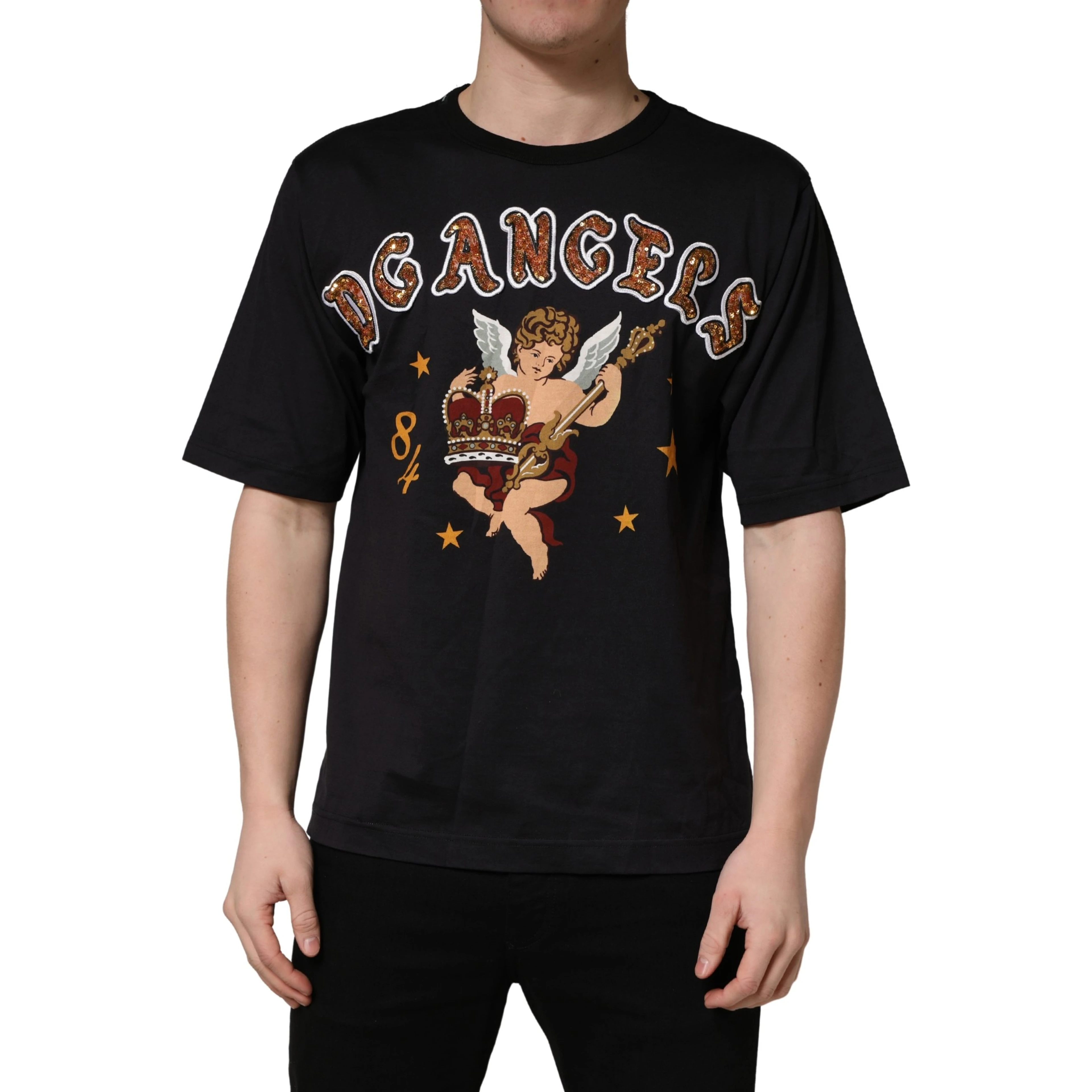 Black Angel Print Cotton Crew Neck T-shirt