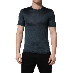 Dark Blue Silk Crew Neck Short Sleeve T-shirt