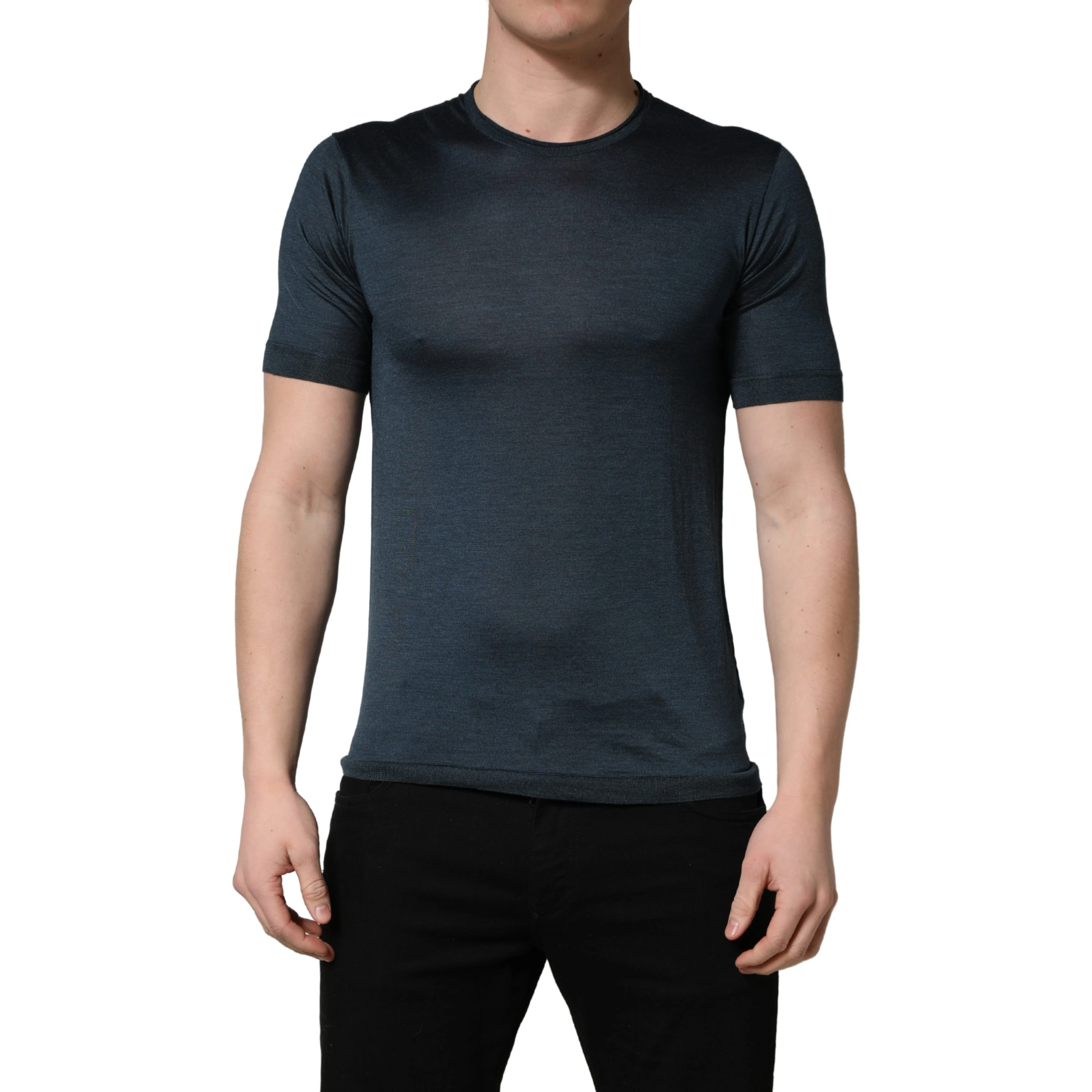 Dark Blue Silk Crew Neck Short Sleeve T-shirt