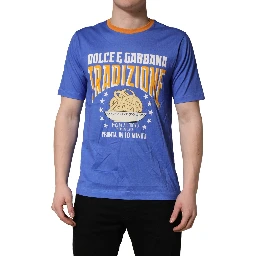 Blue Pasta Graphic Print Cotton Men Crewneck T-shirt