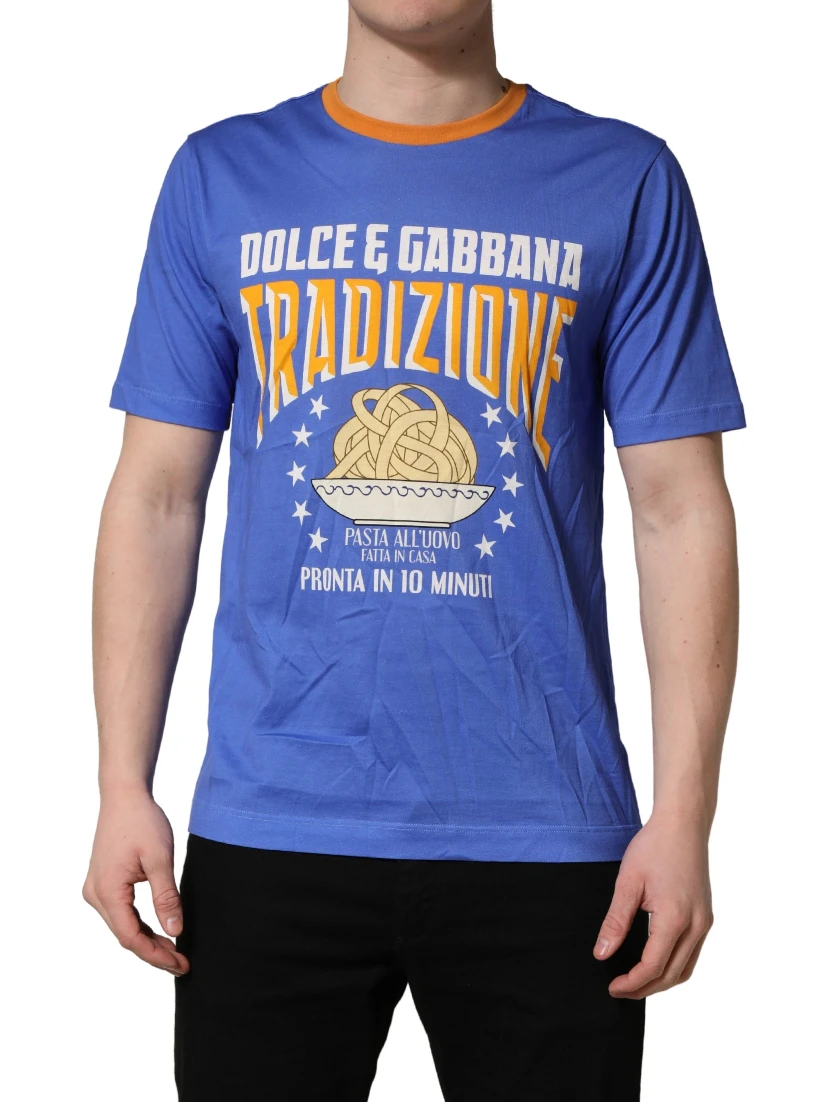 Blue Pasta Graphic Print Cotton Men Crewneck T-shirt