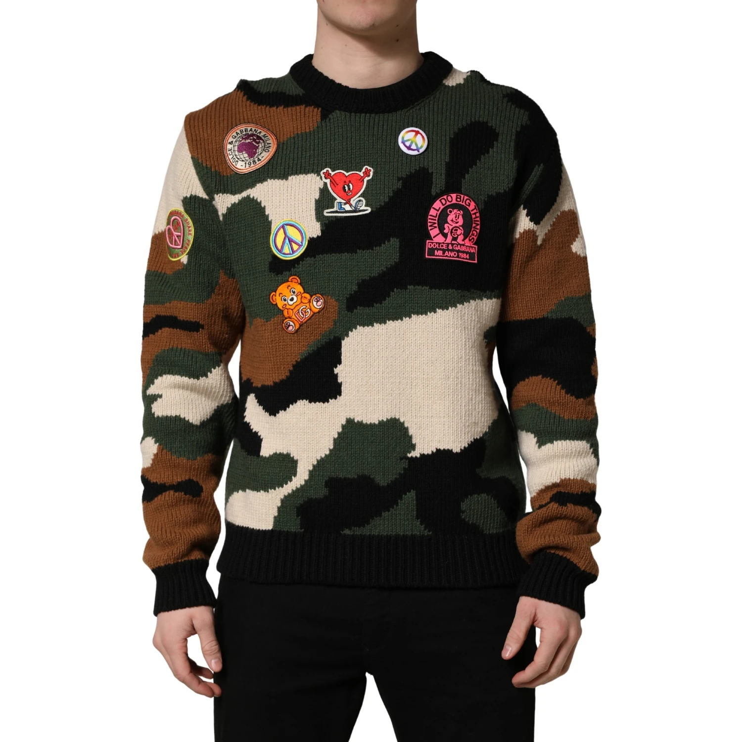 Multicolor Intarsia Knit Camouflage Pullover Sweater