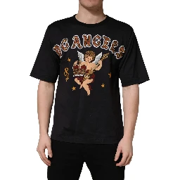 Black Angel Print Cotton Crew Neck T-shirt