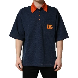 Navy Blue Cotton Logo Short Sleeves Men Polo T-shirt