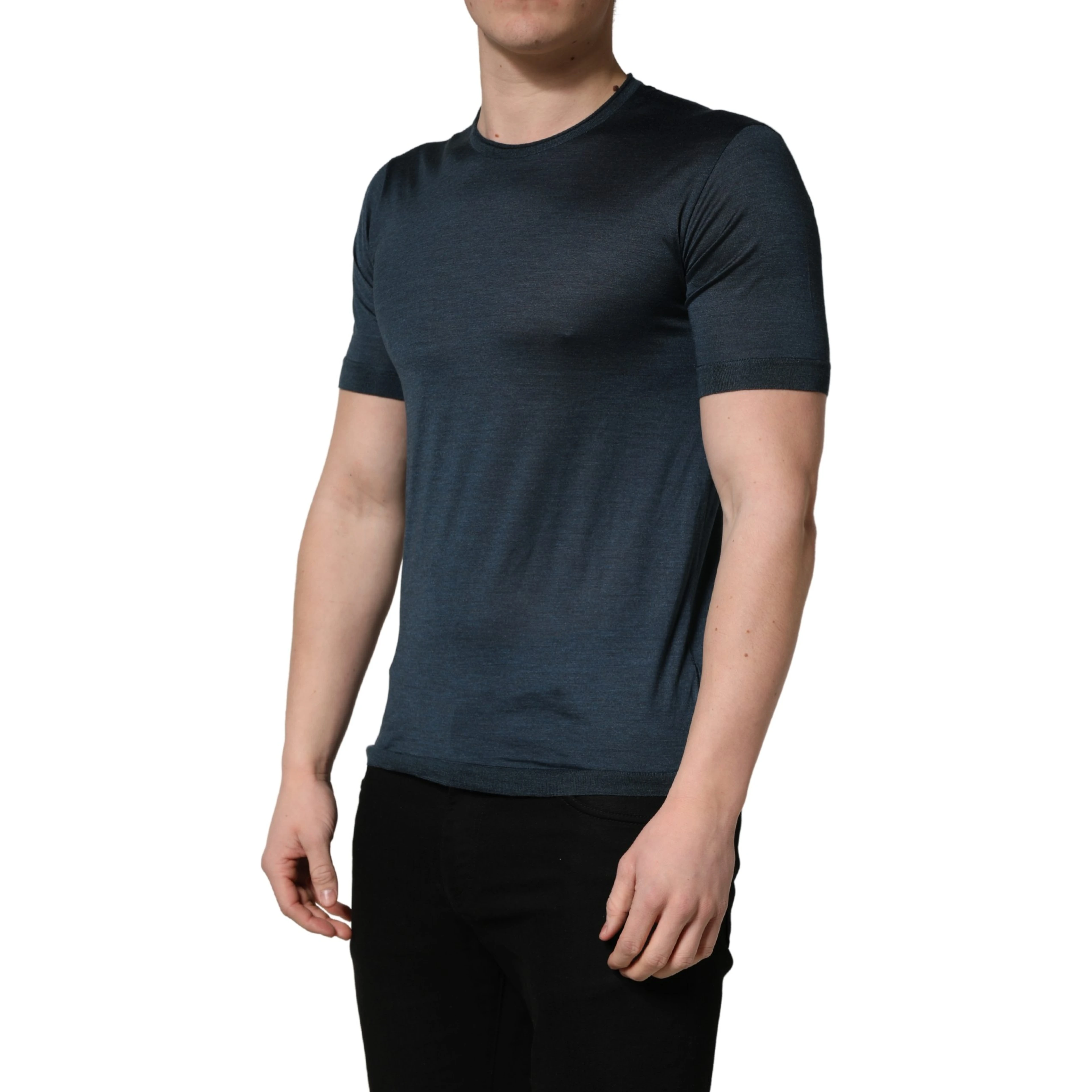 Dark Blue Silk Crew Neck Short Sleeve T-shirt
