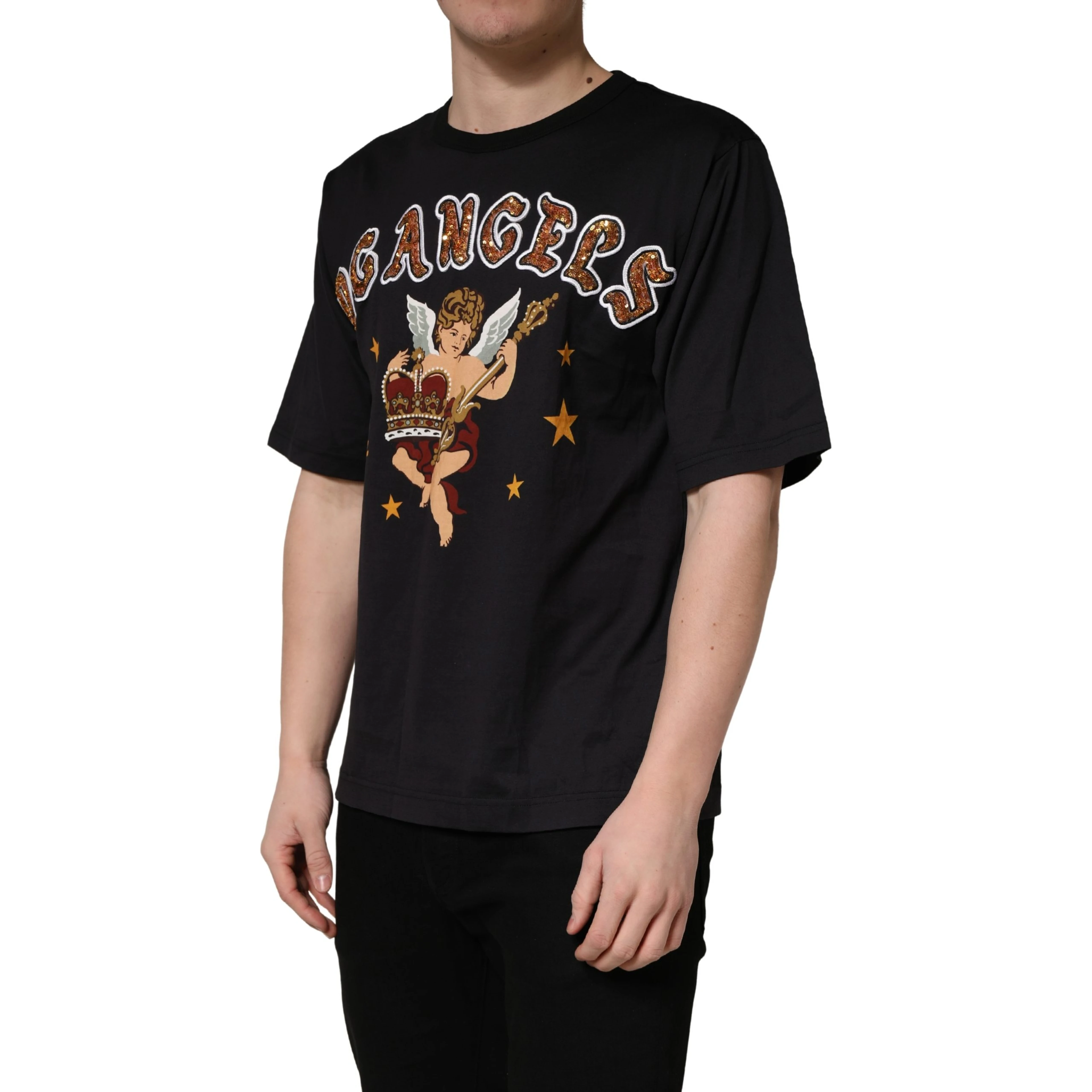 Black Angel Print Cotton Crew Neck T-shirt