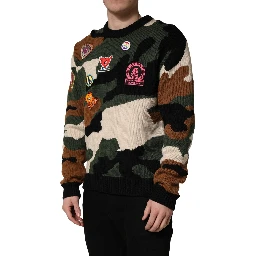 Multicolor Intarsia Knit Camouflage Pullover Sweater