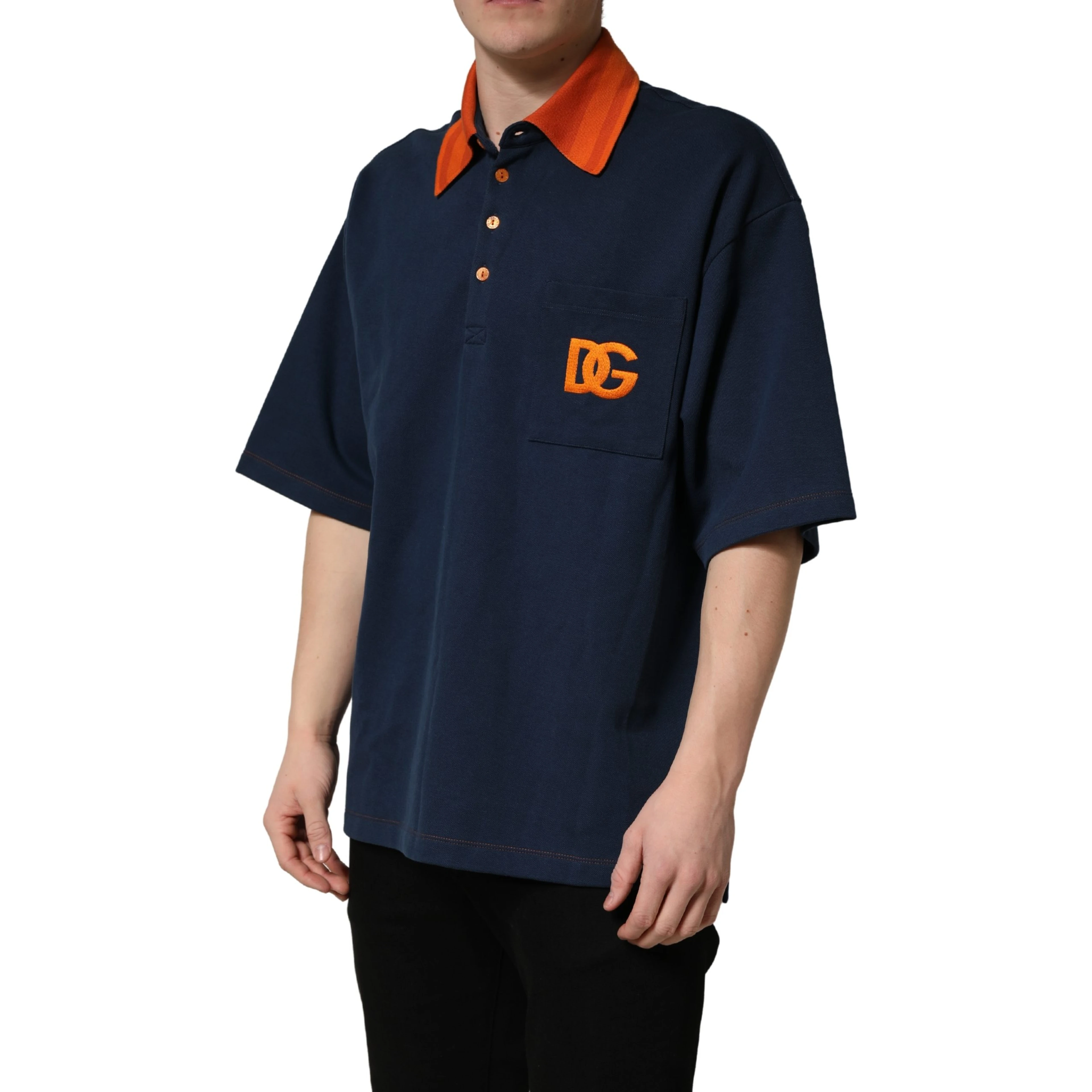 Navy Blue Cotton Logo Short Sleeves Men Polo T-shirt