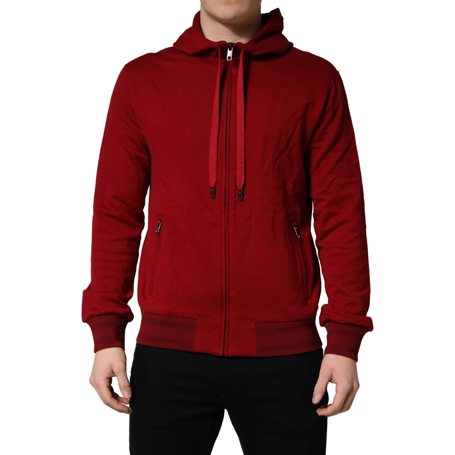 Red Cotton Full Zip Fleece Men Hoodie Sweater