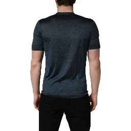 Dark Blue Silk Crew Neck Short Sleeve T-shirt