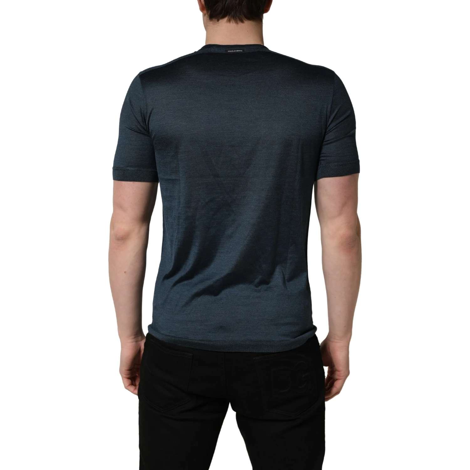 Dark Blue Silk Crew Neck Short Sleeve T-shirt