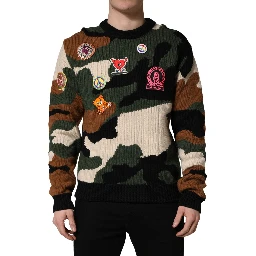 Multicolor Intarsia Knit Camouflage Pullover Sweater