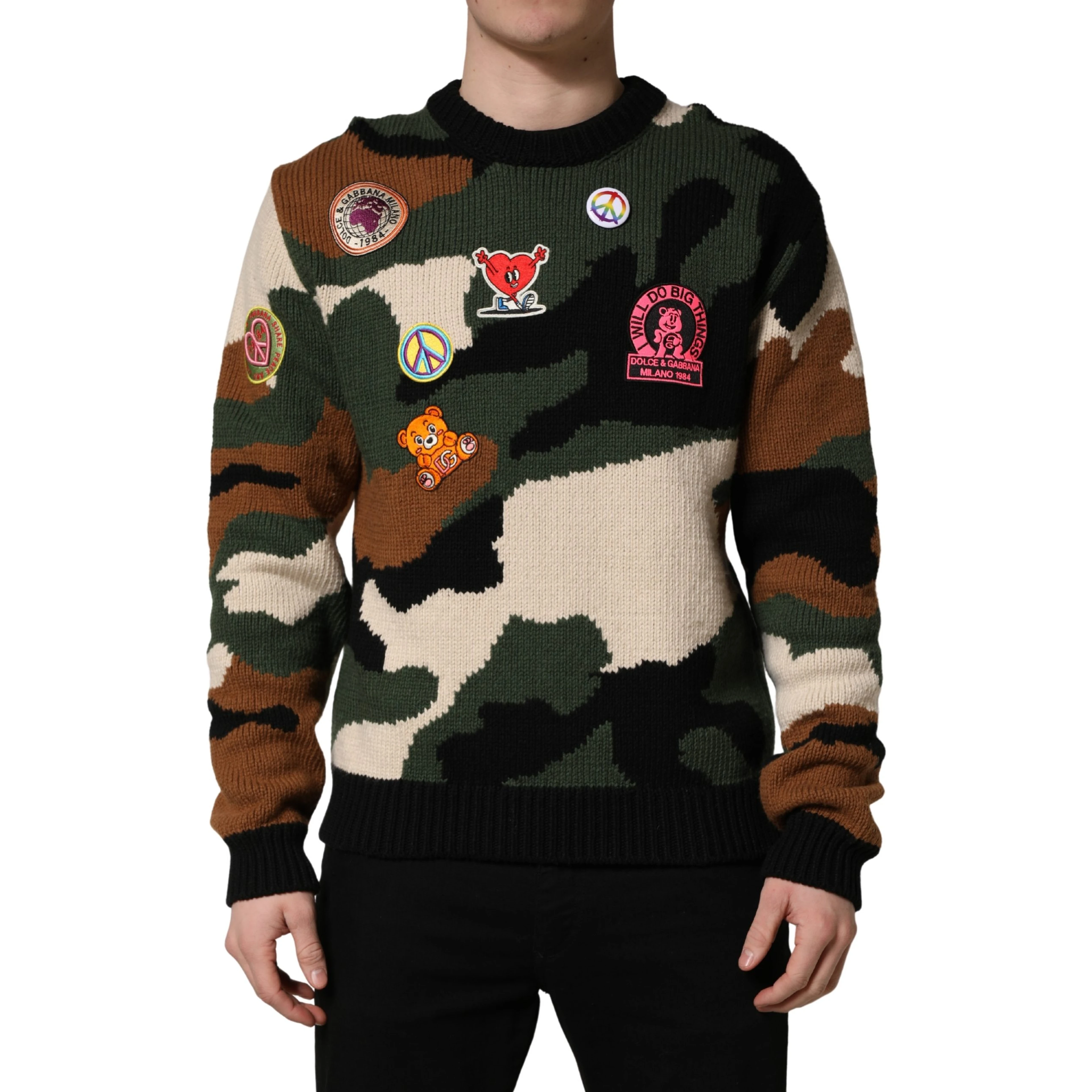 Multicolor Intarsia Knit Camouflage Pullover Sweater
