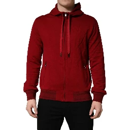 Red Cotton Full Zip Fleece Men Hoodie Sweater