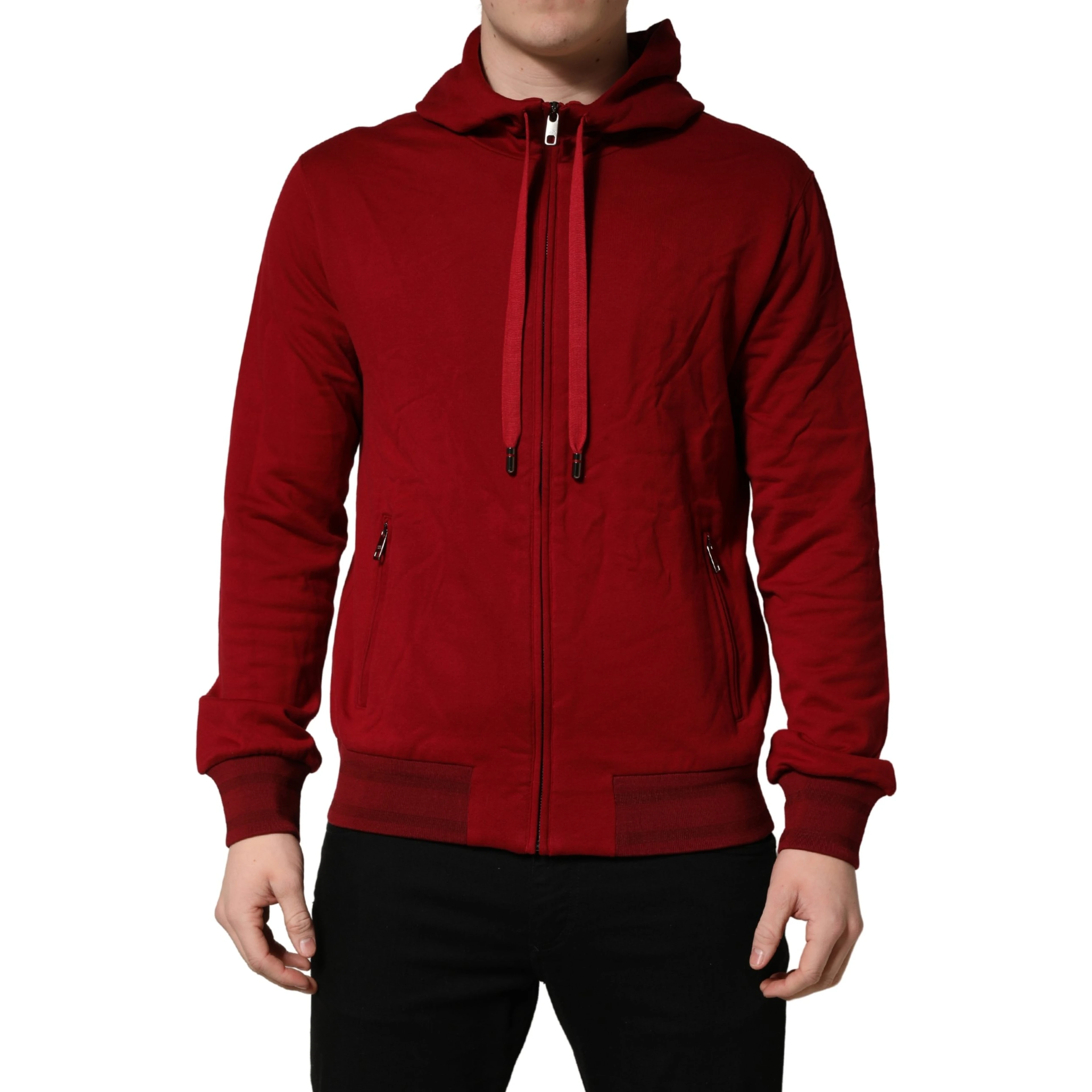 Red Cotton Full Zip Fleece Men Hoodie Sweater