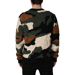 Multicolor Intarsia Knit Camouflage Pullover Sweater