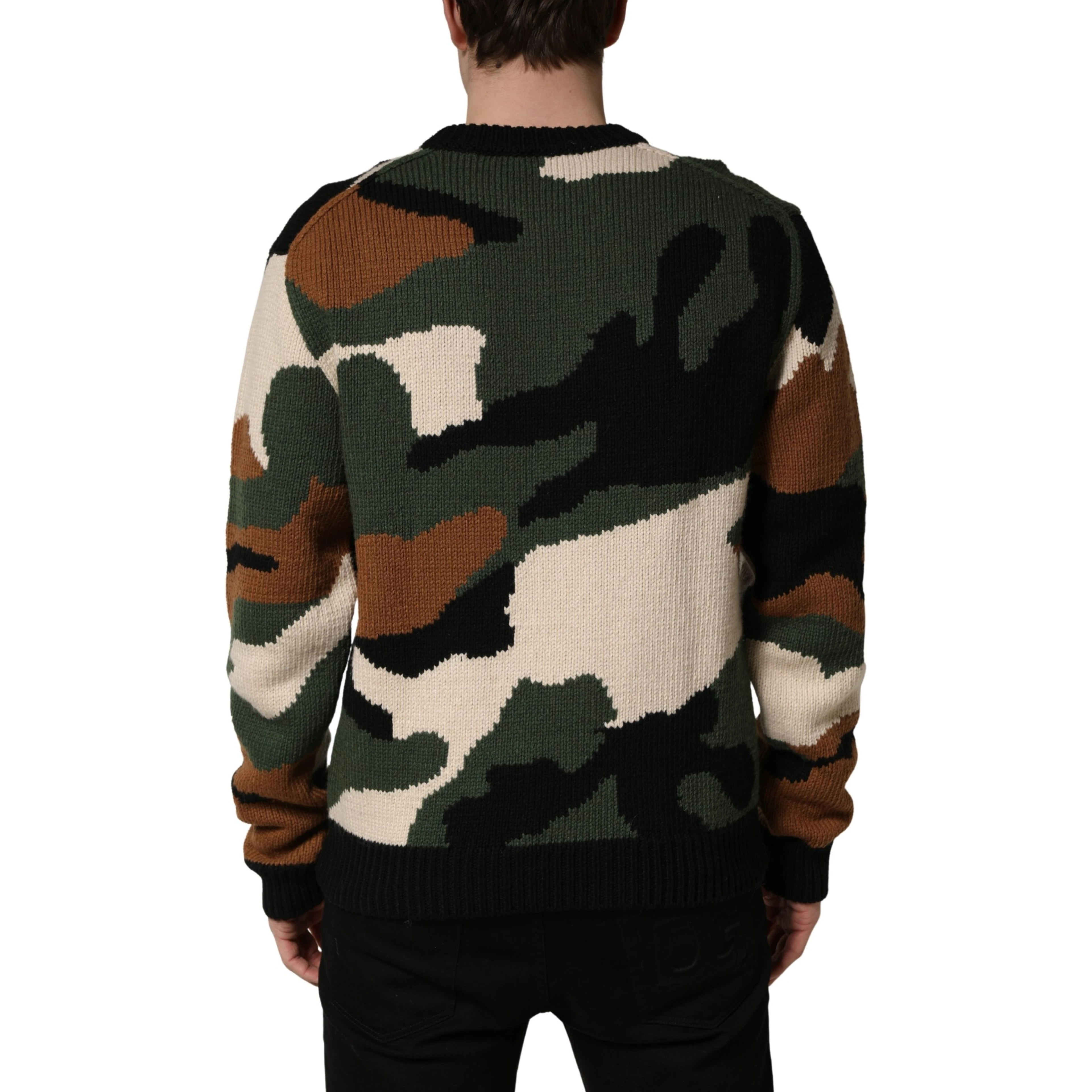 Multicolor Intarsia Knit Camouflage Pullover Sweater