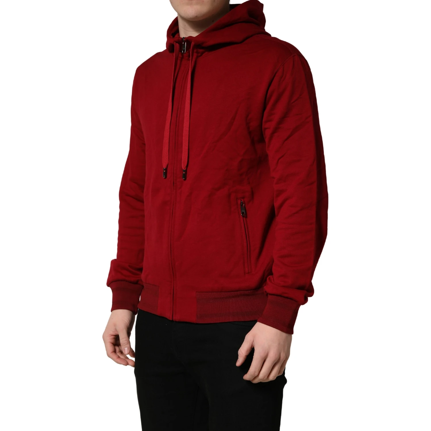 Red Cotton Full Zip Fleece Men Hoodie Sweater